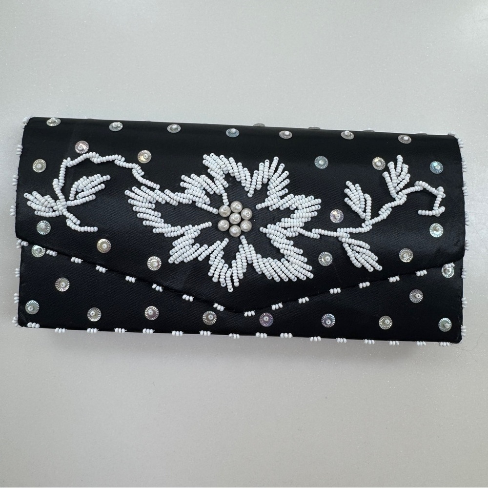 Vintage Beaded Black Satin Rhinestone Clutch Evening Mini Bag Wallet